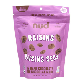 Front of Nud Organic Dark-Chocolate Covered Raisins