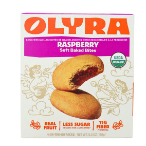 Front of Olyra Organic Ancient Greek Grains Soft Baked Bites Raspberry - Healthy Breakfast Cookies - Raspberry Breakfast Bars - Raspberry Cookies