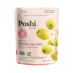 Front of Oloves Low-Calorie Natural Green Pitted Olives with Chili & Oregano, 30g