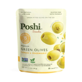 Front of Poshi Premium Green Pitted Olives with Lemon & Rosemary, 30g