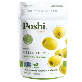 Front of Poshi Pitted Green Olive Snacks Manzanilla Olives - Olive Snack Pack - Manzanilla Olives - Olives For Charcuterie Boards