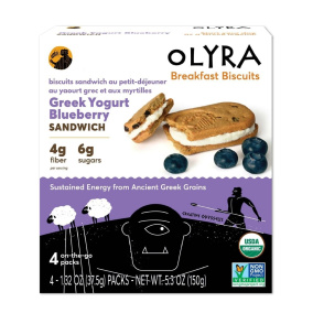 Front of Olyra Organic Breakfast Biscuits Greek Yogurt Blueberry Sandwich