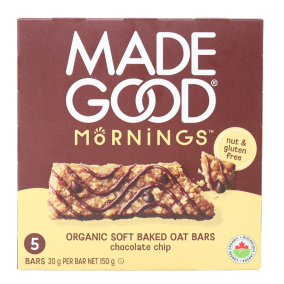 Front of MadeGood Mornings Gluten-Free Soft-Baked Oat Bars Chocolate Chip, 5 Bars
