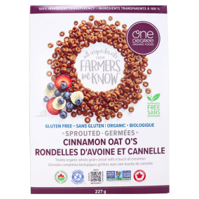 Front of One Degree Organic Gluten-free Sprouted Cinnamon Oat O’s - Gluten-Free Breakfast Cereal - Organic Cinnamon Cereal - One Degree Canada