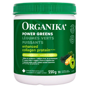 Front of Organika Enhanced Collagen Powder Power Greens Collagen With Probiotics And Fruits And Veggies - Organika Collagen Protein - Hydrolyzed Collagen Powder - Grass Fed Collagen Peptides