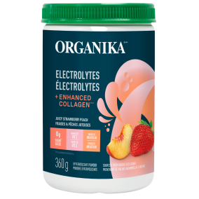 Front of Organika Electrolytes + Enhanced Collagen Juicy Strawberry Peach, 360g