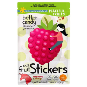 Front of Peaceful Fruits No Added Sugar 100% Fruit Stickers Unicorns Raspberry & Mango