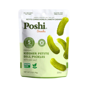 Front of Poshi Snacks Petite Pickles - Small Pickles - Snacking Pickles - Kosher Petite Dill Pickles