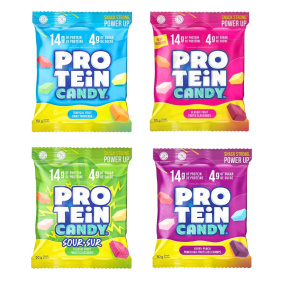 Front of Back of Protein Candy Variety Pack - High Fibre Candy - Protein Gummies - Protein Gummy Candy
