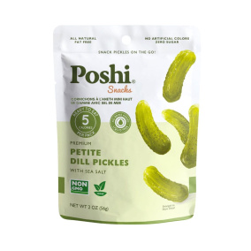 Front of Poshi Snacks Petite Pickles - Small Pickles - Snacking Pickles - Kosher Petite Dill Pickles