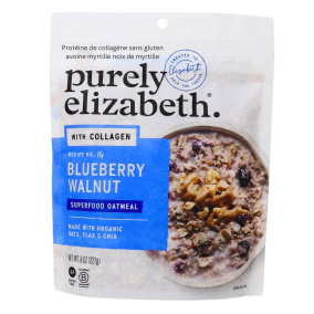 Front of Purely Elizabeth Gluten-Free Collagen Protein Oats Blueberry Walnut - Instant Pot Oatmeal - Healthiest Instant Oatmeal - Healthy Instant Oatmeal