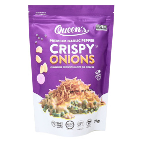Front of Queen's Premium Gluten-Free Crispy Onions Garlic Pepper