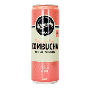 Front of Remedy Organic No Sugar Kombucha Peach