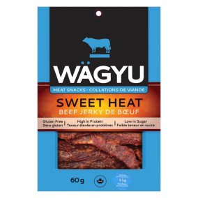 Front of Riz Wagyu Beef Jerky Keto Beef Jerky Halal Wagyu Jerky Sweet Heat Beef Jerky