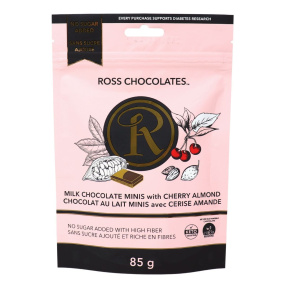 Front of Ross Chocolates No Added Sugar Chocolate Keto Milk Chocolate Minis Cherry Almond