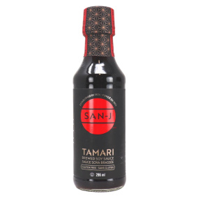 Front of San-J Gluten-Free Tamari Soy Sauce