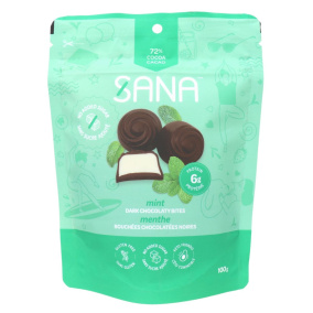 Front of Sana No Added Sugar Dark Chocolatey Bites Mint