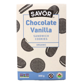 Front of Savor Organic Sandwich Cookies Chocolate Vanilla