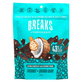 Front of Scharffen Berger BREAKS Oat Milk Chocolate Quinoa Coconut Bark