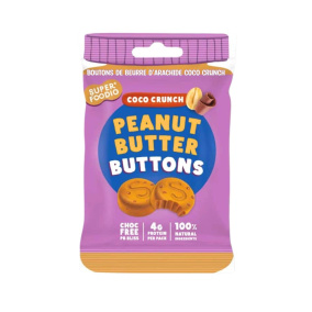 Front of Superfoodio Peanut Butter Buttons - Peanut Butter Bites - Chocolate Peanut Butter Bites - Coco Crunch Peanut Butter Buttons