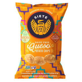 Front of Siete Grain Free Kettle Cooked Potato Chips Dairy Free Queso