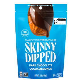 Front of Skinny Dipped Almonds Dark Chocolate Cocoa - Dark Chocolate Almonds - Fair Trade Chocolate - Chocolate Almonds