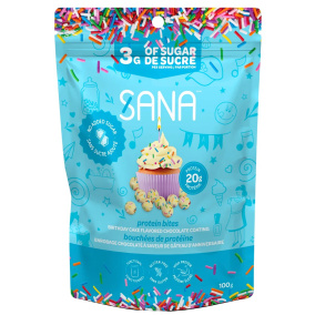 Front of Sana Sweet Life No Added Sugar Protein Bites Birthday Cake Chocolate - High Protein Chocolate - No Added Sugar Chocolate - Protein Keto Chocolate