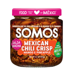 Front of SOMOS Foods Salsa Macha Mexican Chili Crisp Mango Pineapple
