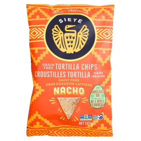 Front of Siete Nacho Grain Free Tortilla Chips, 142g