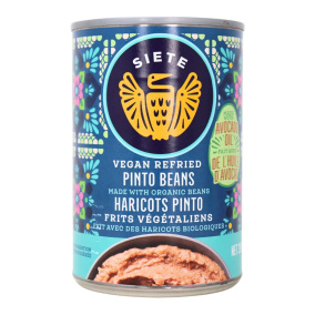 Front of Siete Vegan Refried Pinto Beans With Avocado Oil - Vegan Refried Beans Canned - Organic Refried Pinto Beans - Healthy Refried Beans
