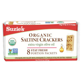Front of Suzie's Organic Saltine Crackers With Extra Virgin Olive Oil