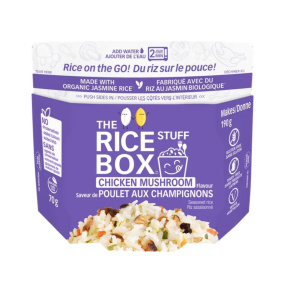 Front of The Rice Stuff Box Instant Seasoned Rice-  Microwavable Rice - Chicken Mushroom Rice
