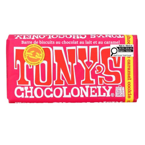 Front of Tony’s Chocolonely Milk Chocolate Caramel Cookie Bar, 180g