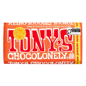 Front of Tony's Chocolonely Milk Chocolate Caramel Sea Salt - Fair Trade Chocolate - Best Chocolate Canada