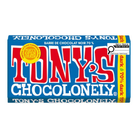Front of Tony’s Chocolonely 70% Dark Chocolate - Fair Trade Chocolate Canada - Fair Trade Chocolate Brands - Chocolate Fair Trade