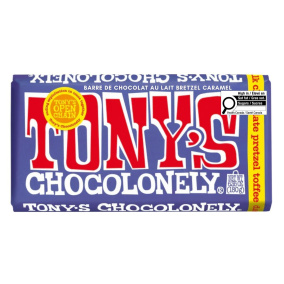 Front of Tony's Chocolonely Dark Milk Chocolate Pretzel Toffee - Fair Trade Chocolate - Best Chocolate Canada