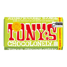 Front of Tony’s Chocolonely Milk Chocolate Hazelnut Cookie - Chocolate Hazelnut Cookie - Chocolate Hazelnut Cookie Bar - Fair Trade Chocolate Canada