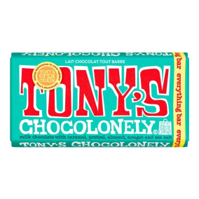 Front of Tony's Chocolonely Chocolate Bar Everything Chocolate Bar With Caramel Pretzel Almond Nougat Sea Salt