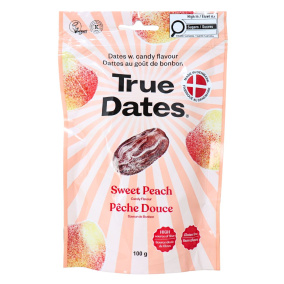 Front of True Dates Flavoured Date Snacks - Pitted Dates - Date Candy - Peach Date Candy
