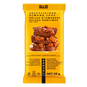 Front of TRUBAR Protein Bar Saltylicious Almond Love - Vegan Protein Bars Canada - Best Tasting Protein Bars - Dessert Protein Bar