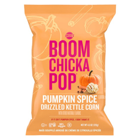 Front of Angie's BOOMCHICKAPOP Pumpkin Spice Drizzled Kettle Corn - flavoured popcorn - popcorn flavours - pumpkin spice
