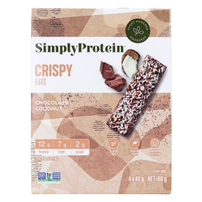 Front of Simply Protein Gluten Free Crispy Snack Bars Chocolate Coconut - Gluten Free Protein Bar - Vegan Protein Bar - Coconut Bar
