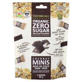 Front of Theobroma Organic Zero Sugar Dark Chocolate Coconut Minis
