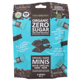 Front of Theobroma Zero Sugar Dark Chocolate Mini, 9 Bars