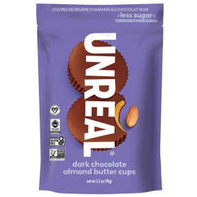 Front of Unreal Dark Chocolate Almond Cups - Vegan nut butter cups - Healthy dark chocolate almond butter cups - Vegan chocolate