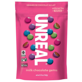 Front of Unreal Milk Chocolate Gems - Fair trade chocolate canada - 
Healthy chocolate candy options - Healthy chocolate