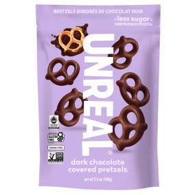 Front of Unreal Snacks Dark Chocolate Covered Pretzel Gluten-Free Pretzels
