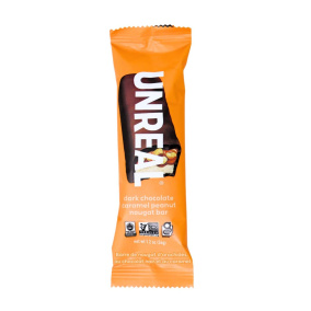 Front of Unreal Bar - Unreal Chocolate Caramel Peanut Nougat Bar - Fair Trade Chocolate Canada - Unreal Candy Bars - Healthy Chocolate Snacks - Dark Chocolate Bar