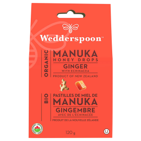 Wedderspoon Organic Manuka Honey Drops Ginger with Echinacea, 120g