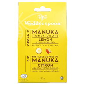 Wedderspoon Organic Manuka Honey Drops Lemon with Bee Propolis, 120g